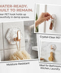 Water Ripple Hexagonal Adhesive Wall Hooks, Super Grippy No Drill Bathroom And Kitchen Organization System For Hanging Towels Keys Or Cozy Decor, Zero Mess Waterproof Setup You Will Honestly Love, clear PET hook holding a bath loofah on a damp tile wall.