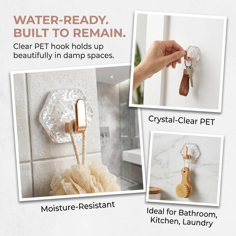 Water Ripple Hexagonal Adhesive Wall Hooks, Super Grippy No Drill Bathroom And Kitchen Organization System For Hanging Towels Keys Or Cozy Decor, Zero Mess Waterproof Setup You Will Honestly Love, clear PET hook holding a bath loofah on a damp tile wall.