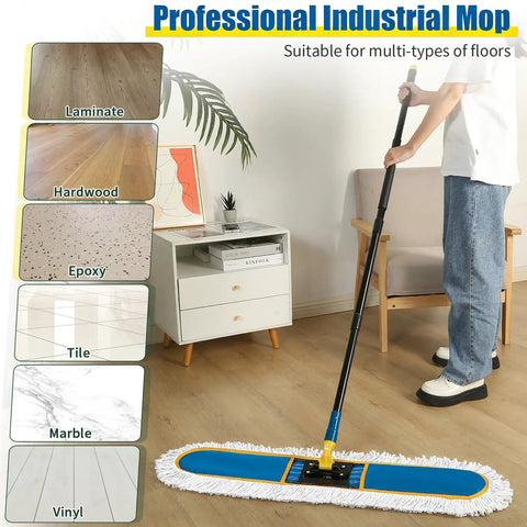 Person using Heavy Duty Industrial 39 Inch Dust Mop For Wet Dry Floor Cleaning With 2 Cotton Mop Pads Large All Floor Duster