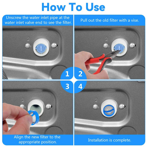 Instruction guide for installing 10 Pack Washing Machine Water Filter Replacement Kit With Steel Mesh Inline Screens.