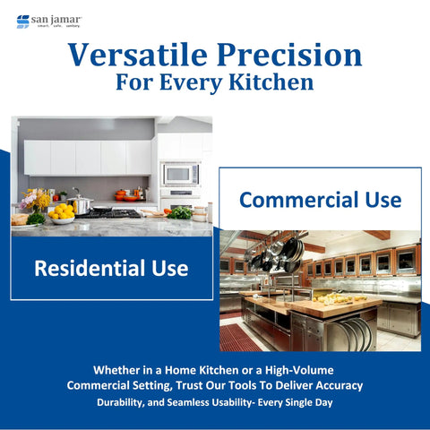 Comparison of residential and commercial kitchens showcasing cooking appliances with text highlighting versatile precision
