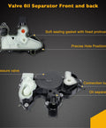 Volkswagen 2.0T PCV Valve Oil Separator shown front and back with labeled components like gasket and pressure valve.