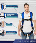 Fall Protection Five Point Safety Harness With Dorsal D Ring And Quick Connect Buckle Grommet Leg Straps Sewn In Back Pad OSHA And ANSI Compliant Personal Fall Arrest System Pro Grade Blue Universal Size front view highlighting padded shoulder, quick connect buckle, D-ring, and tongue buckle.