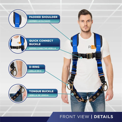 Fall Protection Five Point Safety Harness With Dorsal D Ring And Quick Connect Buckle Grommet Leg Straps Sewn In Back Pad OSHA And ANSI Compliant Personal Fall Arrest System Pro Grade Blue Universal Size front view highlighting padded shoulder, quick connect buckle, D-ring, and tongue buckle.