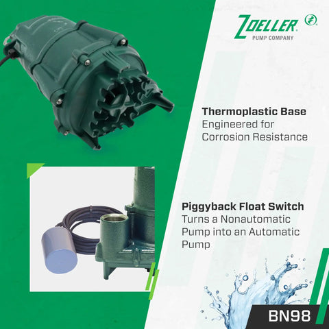 Effluent Pump Half Horsepower Nonautomatic With Piggyback Float Switch High Flow Vortex Impeller 115V showing parts