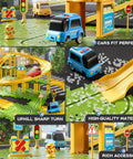 Epic 4 Tier Puzzle Race Car Track Set for Kids Ages 3 to 8 showcasing cars, bridges, overpasses, road signs, and durable materials.