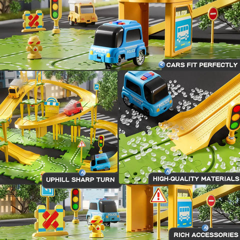 Epic 4 Tier Puzzle Race Car Track Set for Kids Ages 3 to 8 showcasing cars, bridges, overpasses, road signs, and durable materials.