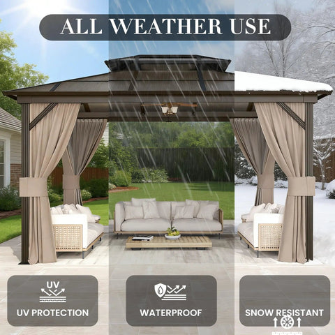 Hardtop Outdoor Gazebo With Double Layer Polycarbonate Roof And Aluminum Frame Pavilion With Curtains And Netting 10x13 Foot Sunshade