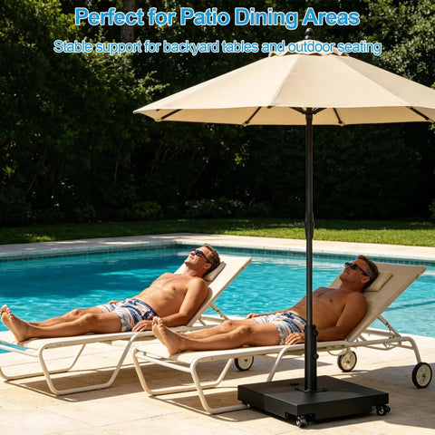 Heavy Duty Umbrella Base With Wheels Holds Up To 200 Lbs next to poolside with chaise lounges.