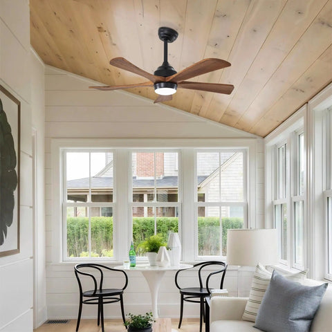 Geelife 42" 5PCS Solid Wood Blades Ceiling Fan with Lights Remote Control in a bright sunroom with a wooden ceiling.