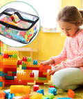 Child playing with building blocks next to a 4 Pack Black Clear Toy Storage Bags With Zipper 9.4 By 6.7 By 4.3 Inches Transparent PVC Organizer