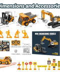 Three Piece Remote Control Construction Set With 1:64 Excavator, Dump Truck, And Forklift on display with signs and box
