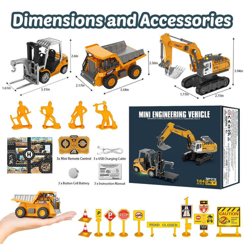 Three Piece Remote Control Construction Set With 1:64 Excavator, Dump Truck, And Forklift on display with signs and box