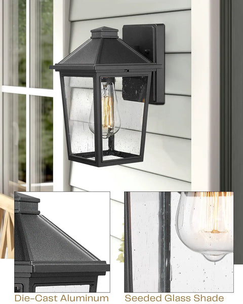 Outdoor Wall Sconce Lantern For Porch And Garage, Seeded Glass Shade Exterior Lighting, matte black finish on wall