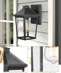 Two Pack Outdoor Wall Lanterns With Seeded Glass Industrial Matte Black Sconce Lights mounted on a wall