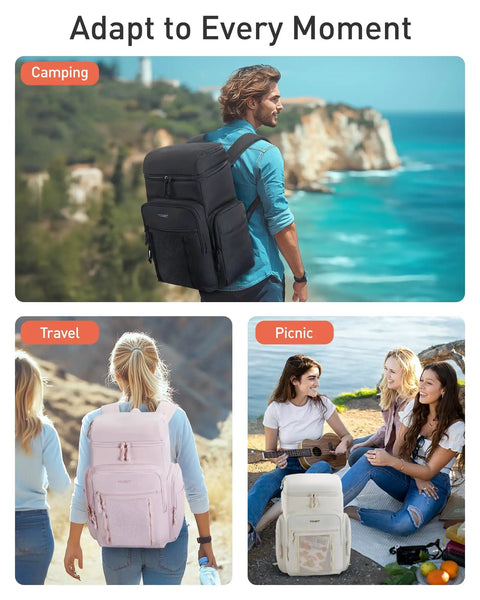 Collage of three scenes showing people using Waterproof Cooler Backpack For 30 Cans, Insulated Leakproof Portable Cooler Bag in different settings.