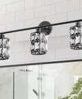 Matte Black 3 Light Vanity Fixture With Crystal Shades For Bathroom And Bedroom above mirror, durable metal body.