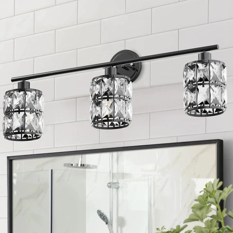 Matte Black 3 Light Vanity Fixture With Crystal Shades For Bathroom And Bedroom above mirror, durable metal body.