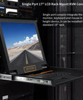 Heavy Duty Single Port Rack Mount KVM Console With A Crisp 17 Inch LCD Screen showing a road, integrated in 1U height rack.