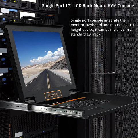 Heavy Duty Single Port Rack Mount KVM Console With A Crisp 17 Inch LCD Screen showing a road, integrated in 1U height rack.