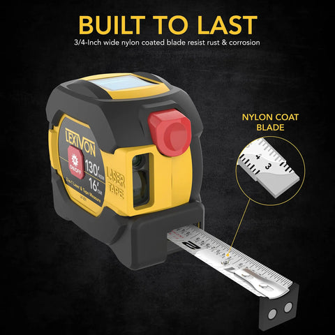 Two In One Digital Laser Distance Meter And Tape Measure With 130 Foot Laser Range And 16 Foot AutoLock Tape, yellow and black housing
