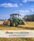 Green tractor in a field with Reliable Aftermarket Parts logo and slogan displayed.