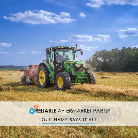 Tractor plowing a field with hay bales and Reliable Aftermarket Parts branding overlay