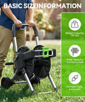 Person using Garden Hose Reel Cart With 150 Feet Of 5/8 Inch Hose, Aluminum Frame, in a lawn with size information overlay.