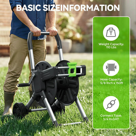 Person using Garden Hose Reel Cart With 150 Feet Of 5/8 Inch Hose, Aluminum Frame, in a lawn with size information overlay.