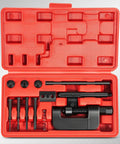 Chain Breaker And Rejoiner Tool With C Frame Includes Three Anvils And Three Break Pins Fits Most Drive And Cam Chains From 35 Through 630 Ideal For Dirt Bikes ATVs Motorcycles And Red in a red carrying case.