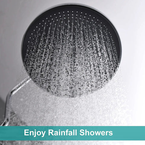 10 Inch Rainfall Shower Head With Handheld Combo showing water spray, chrome finish
