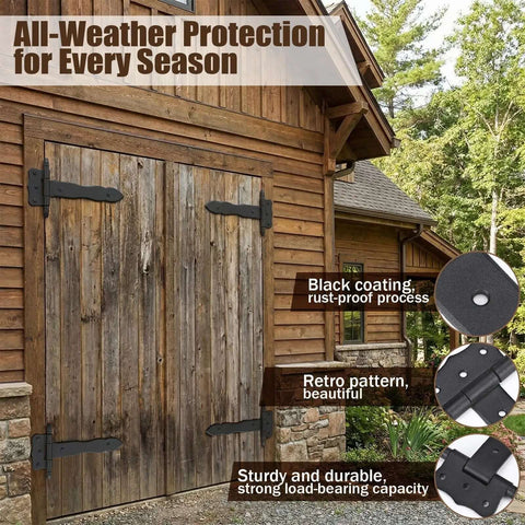 Wooden barn door with 4 pack 5 inch antique cast iron T hinges with hardware, vintage black powder coated wrought iron door hinges.