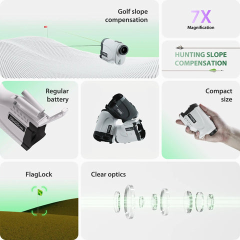 Bang For Your Buck Budget Friendly Golf And Hunting Rangefinder With Seven X Magnification showing features and compact size.