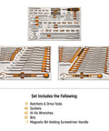 Amps Up Your Workshop Setup With This Badass 132 Piece Mechanics Kit Featuring Smooth Shifting 120xp Ratchets And Hi Viz Sae Metric Wrenches For 14 38 And 12 Inch Drives In Rugged Foam Trays showing organized tools.