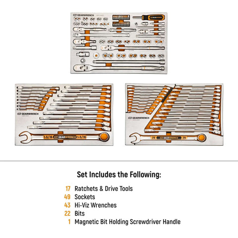 Amps Up Your Workshop Setup With This Badass 132 Piece Mechanics Kit Featuring Smooth Shifting 120xp Ratchets And Hi Viz Sae Metric Wrenches For 14 38 And 12 Inch Drives In Rugged Foam Trays showing organized tools.