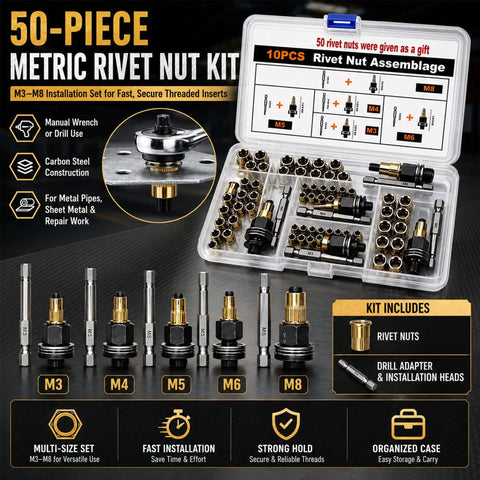 Ultimate Rivet Nut Tool Set Kit With Carbon Steel Body M3 Through M8, 50 Piece Metric Rivet Nut Setter Kit For Creating Threads In Thin Materials, Durable Case For Easy Storage And Fast Pro Grade Repairs. Open case with M3-M8 rivet nuts and adapters