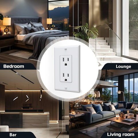 Decorator Receptacle Outlet With Wall Plate 15 Amp 125 Volt Non Tamper Resistant Electrical Outlet Self Grounding UL Listed White Pack Of 20 A Solid Upgrade For Homes And Offices shown in modern interiors.