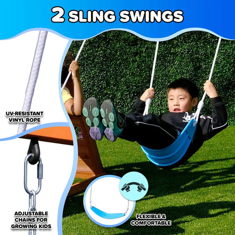 Child enjoying Backyard Cedar Outdoor Swing Playset with two belt swings, highlighting UV-resistant ropes and adjustable chains.