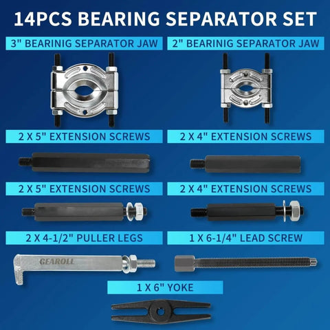 Heavy Duty 14 Piece Bearing Puller Set With 5 Ton Capacity Includes 2 Inch And 3 Inch Bearing Separator Jaws 6 Inch Yoke components
