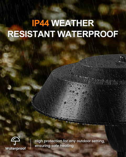 Close-up of Infrared Patio Tabletop Heater With Tip Over Protection IP44 Waterproof 1500W Outdoor Heater in rain.