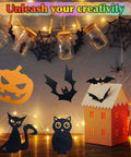 Geelin colored plywood sheets for crafts in a Halloween scene with pumpkin, bats, cats, and a lit paper house.