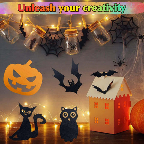 Geelin colored plywood sheets for crafts in a Halloween scene with pumpkin, bats, cats, and a lit paper house.