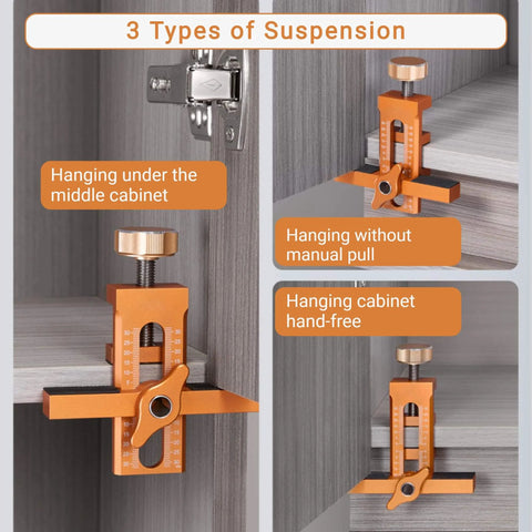 Cabinet Door Mounting Jig With Adjustable Positioner Aluminum Alloy showing three suspension types for DIY installation.