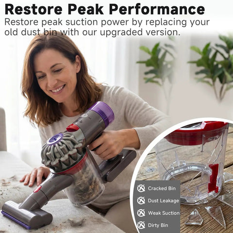 Woman using a vacuum with Upgraded Dust Bin Canister Replacement For V7 V8 SV10 SV11 SV25 Cordless Vacuum Cleaners Fits
