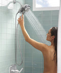 Spectra Duo 4 Function 2 In 1 Shower Head With Handheld Spray And AquaToggle Diverter Paddle in use in shower