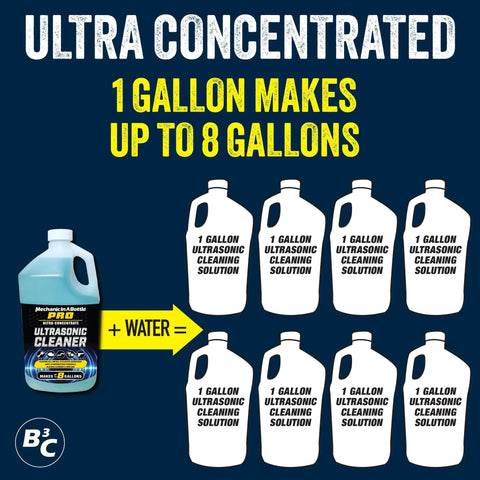 Badass Ultrasonic Cleaner And Degreaser Concentrate 128 Oz. bottle with gallons of cleaning solution, water-based formula.