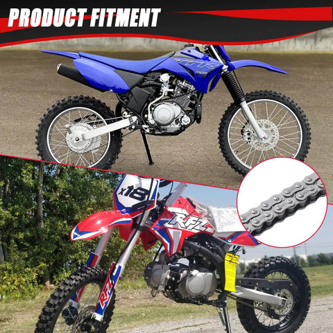 Blue and red dirt bikes with visible 428 drive chain detail for 428 Drive Chain 116 Links With Chain Breaker Tool For 110cc 125cc Dirt Bikes ATVs