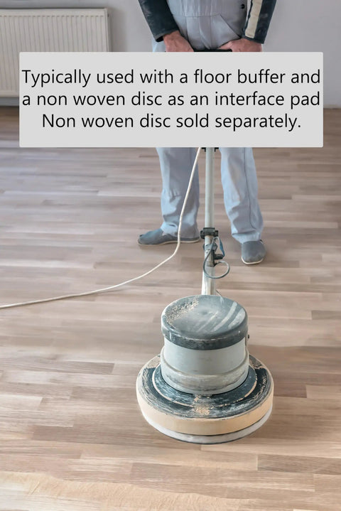 Person using floor buffer with Silicon Carbide 60 Grit Screen Sanding Discs, 17 Inch, Two-Sided Mesh Discs, 10-Pack