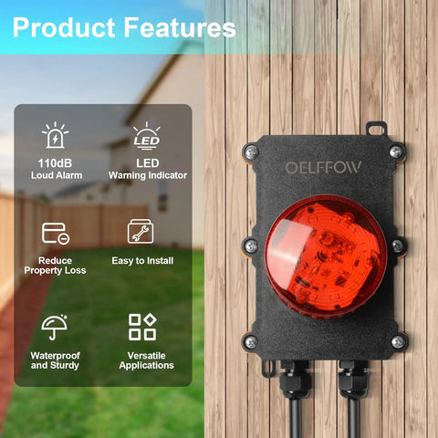 Sump Pump Alarm With Tethered Float Switch 105 To 110 dB Loud Alarm And Flashing LED Indicator mounted on fence
