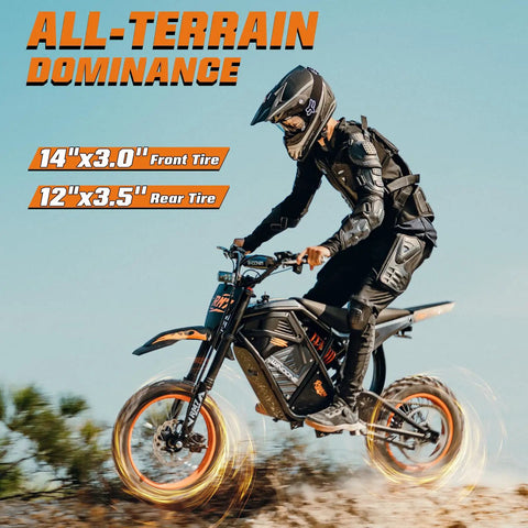 Rider on RM7 Electric Dirt Bike For Teens And Adults, 2200W Peak Motor, off-road with 14/12 inch tires and full suspension